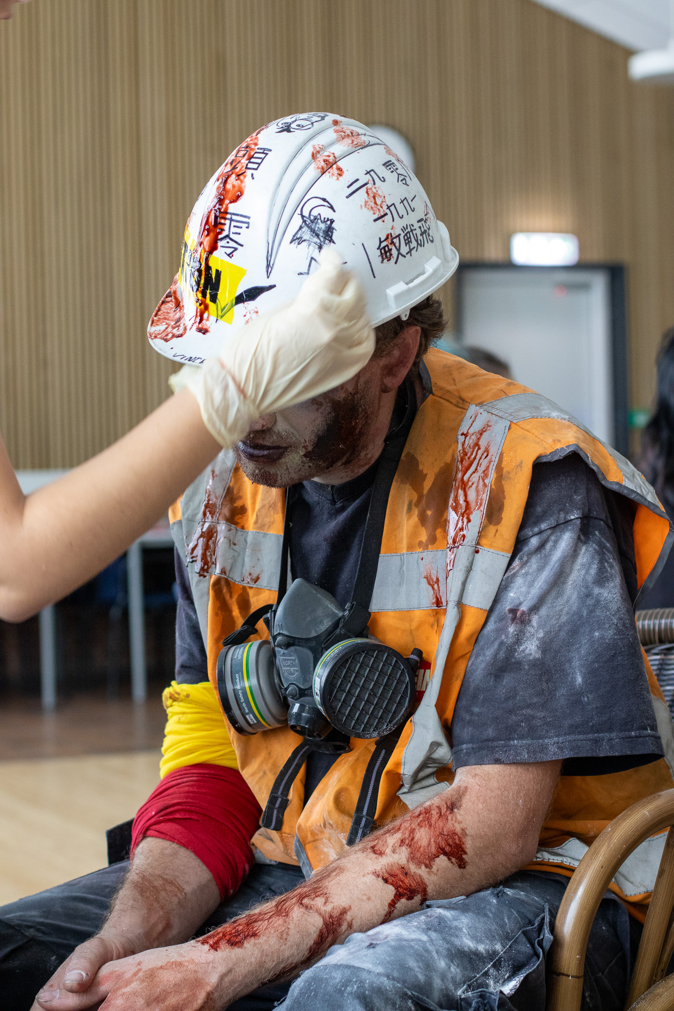 Zombie in construction gear with SFX makeup